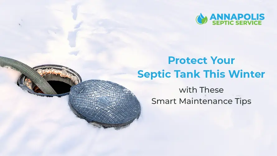 : Septic tank in a snowy backyard during winter, highlighting the impact of cold weather on septic systems.