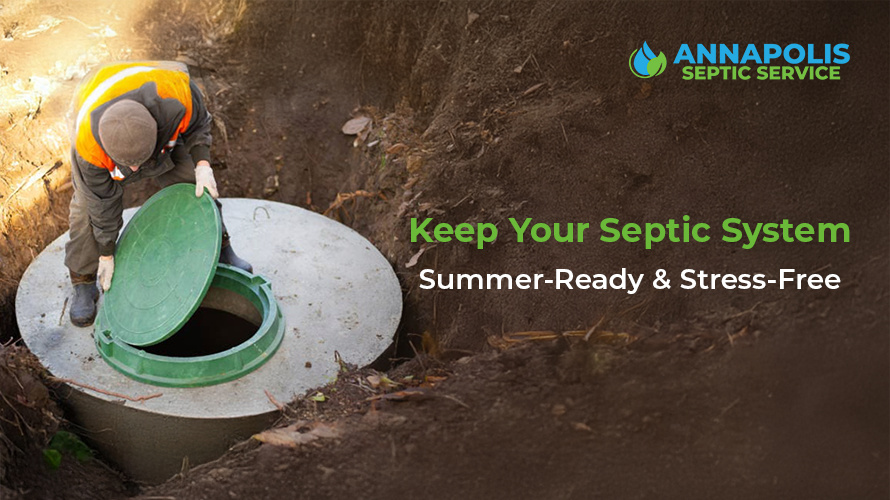Professional performing summer septic maintenance at a residential home