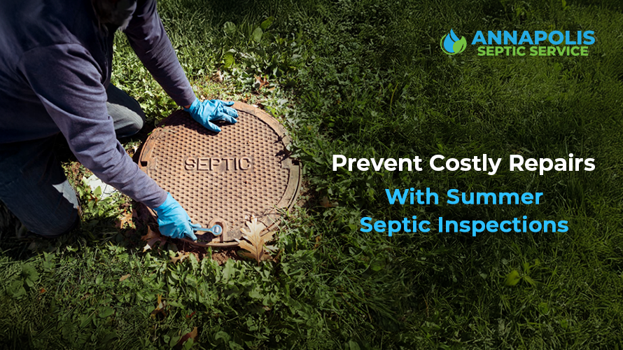 Septic technician conducting a summer inspection of a residential septic system