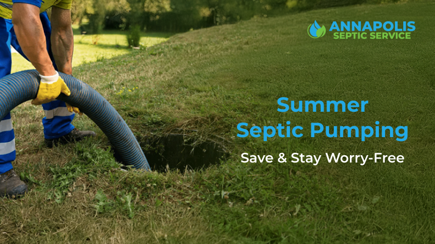 Technician performing residential septic pumping in Annapolis backyard during summer