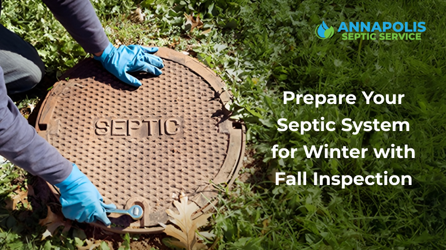 Technician performing a fall septic system inspection in a residential yard.