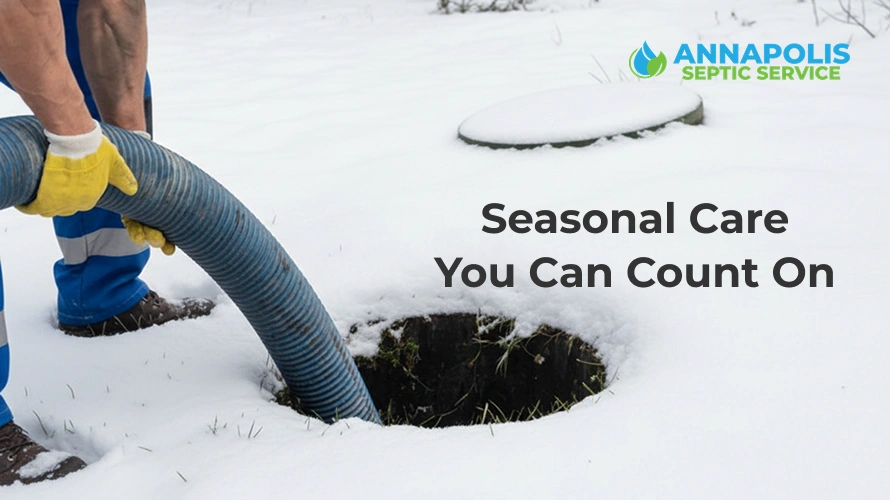 Technician performing residential septic inspection for winter readiness