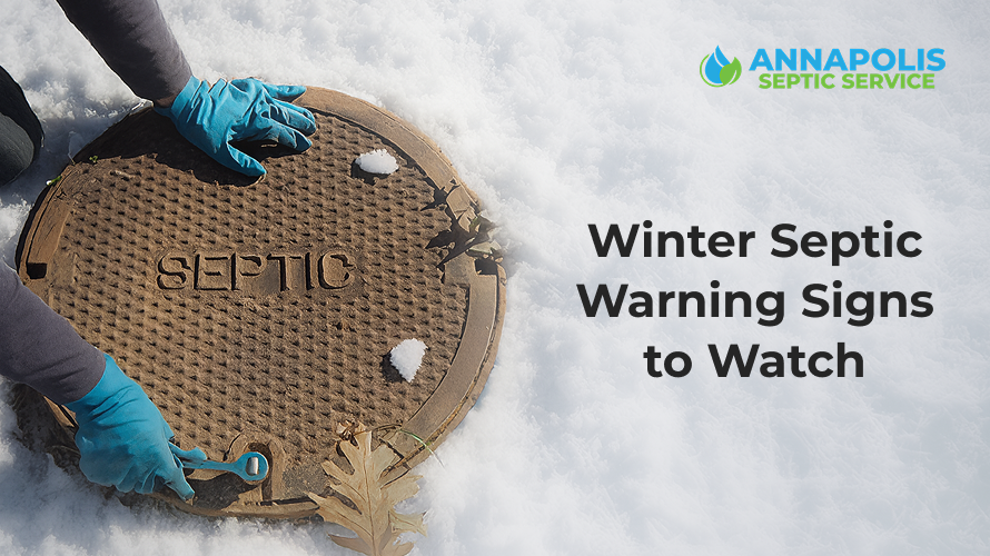 Snowy yard showing early winter septic warning signs near a drainfield