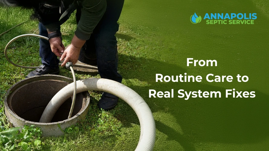 septic professionals performing pumping and repair services at a residential property