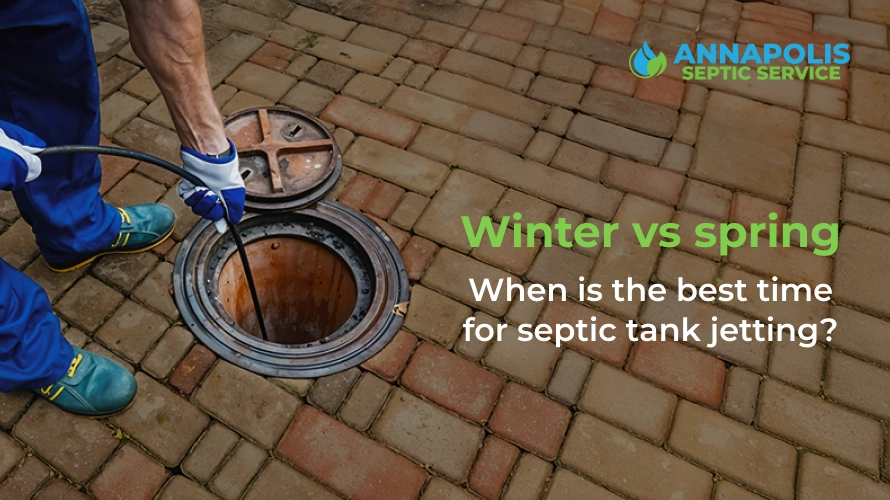 Snow-covered yard transitioning into a green spring lawn beside a residential septic area, representing the best time for septic tank jetting.